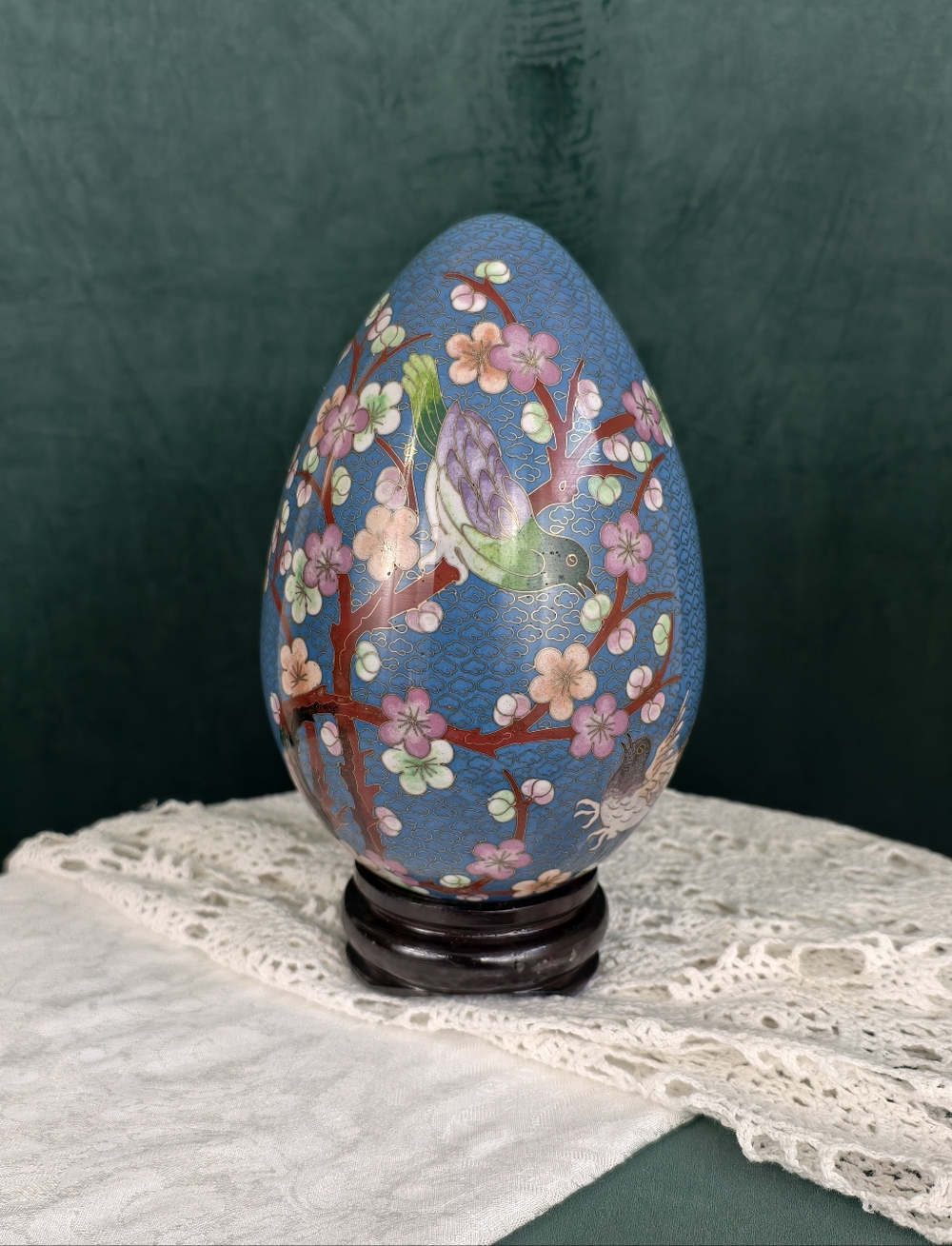 Vintage Chinese Large Decorative Blue Floral Cloisonné Egg
